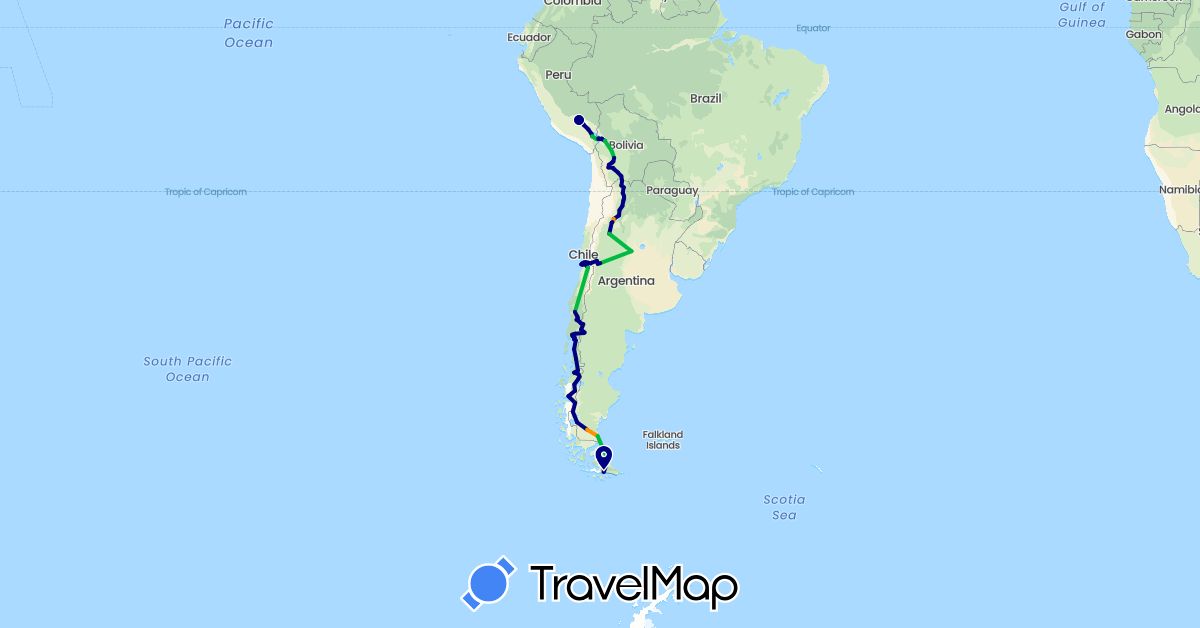 TravelMap itinerary: driving, bus, hitchhiking in Argentina, Bolivia, Chile, Peru (South America)